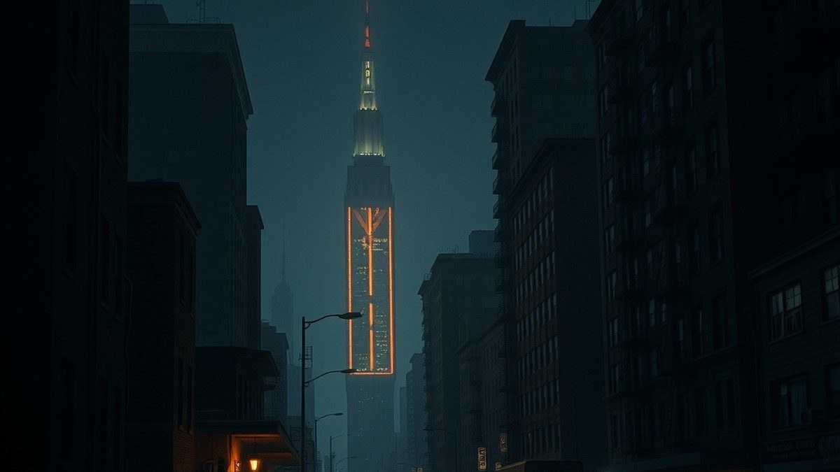 Rue new-yorkaise sombre et brumeuse évoquant une ville en ruine transformée en prison, dans une ambiance de film dystopique