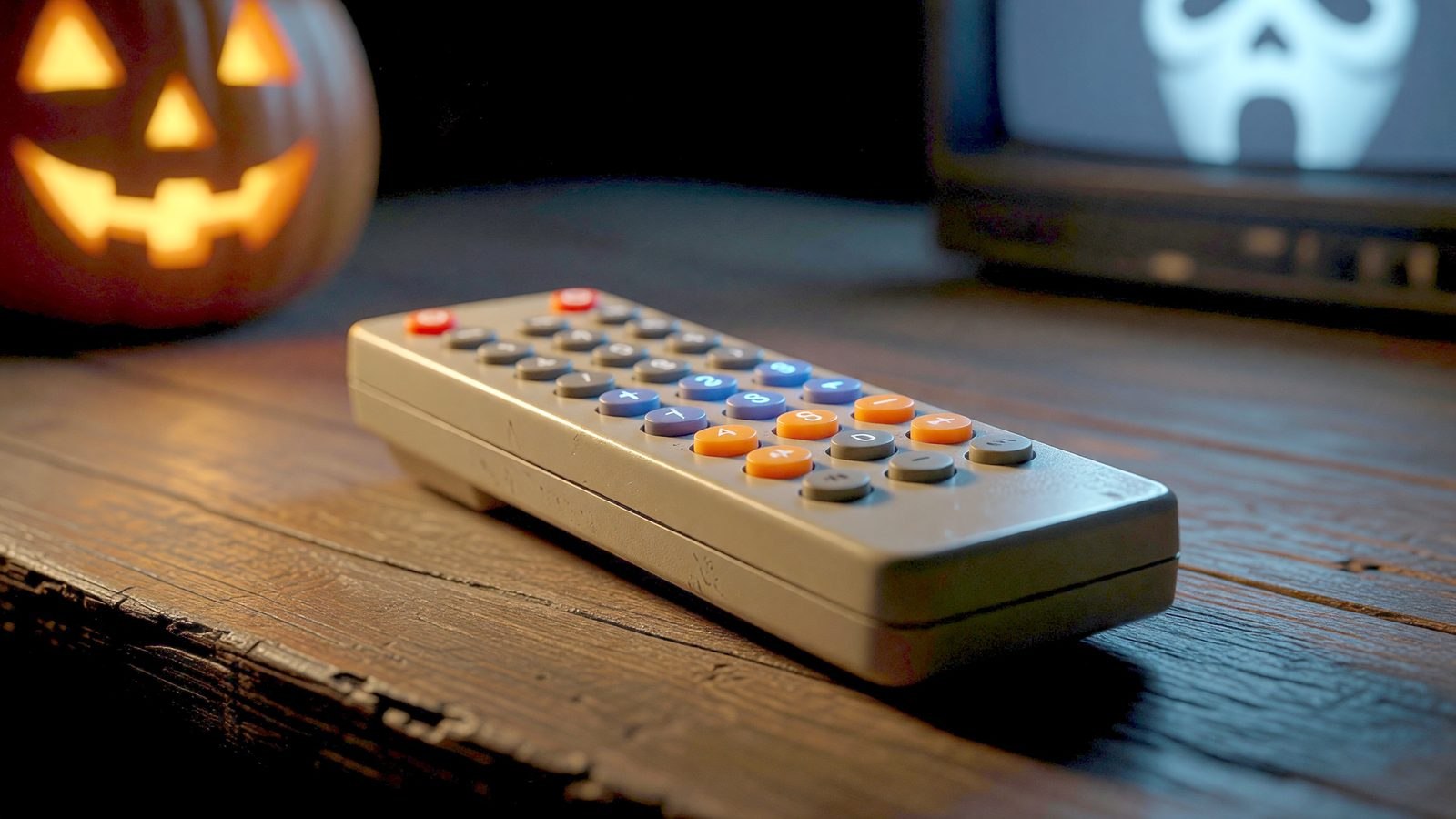 Une télécommande de télévision posée dans la pénombre, éclairée par la lueur orange d'une citrouille d'Halloween et le reflet bleuté d'un écran.