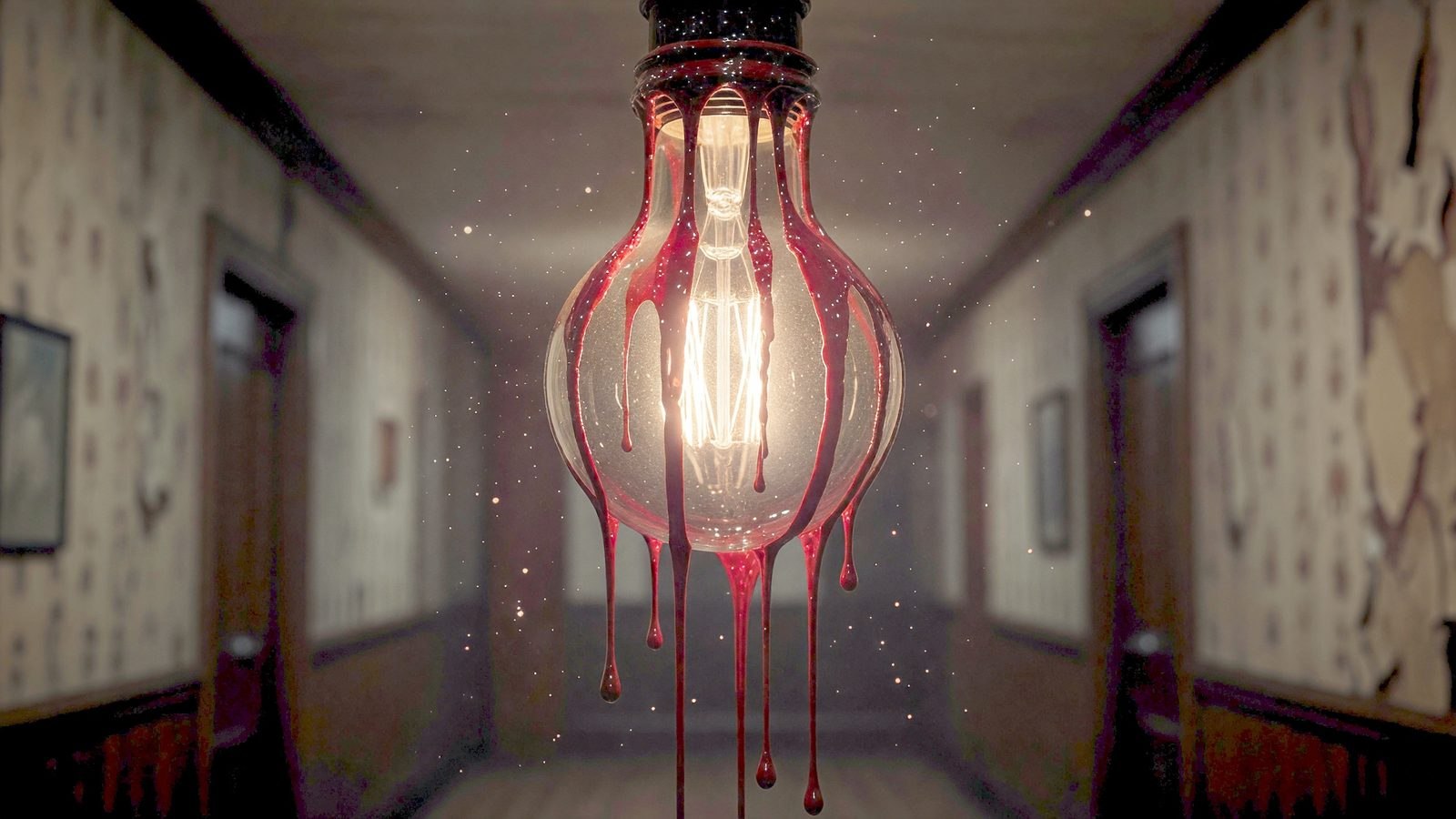 Gros plan sur une ampoule de marquee de cinéma vintage avec de la peinture rouge qui coule le long du verre, dans une ambiance sombre et dramatique.