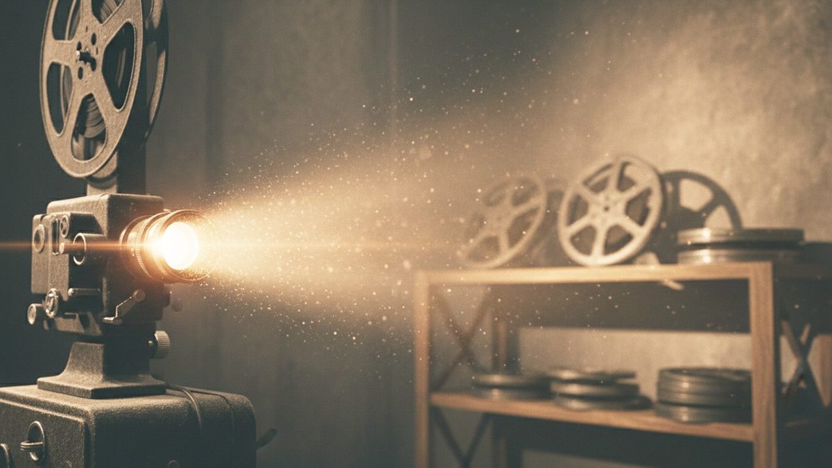 Projecteur de cinéma vintage projetant un faisceau de lumière dorée dans une salle obscure avec des bobines de film en arrière-plan