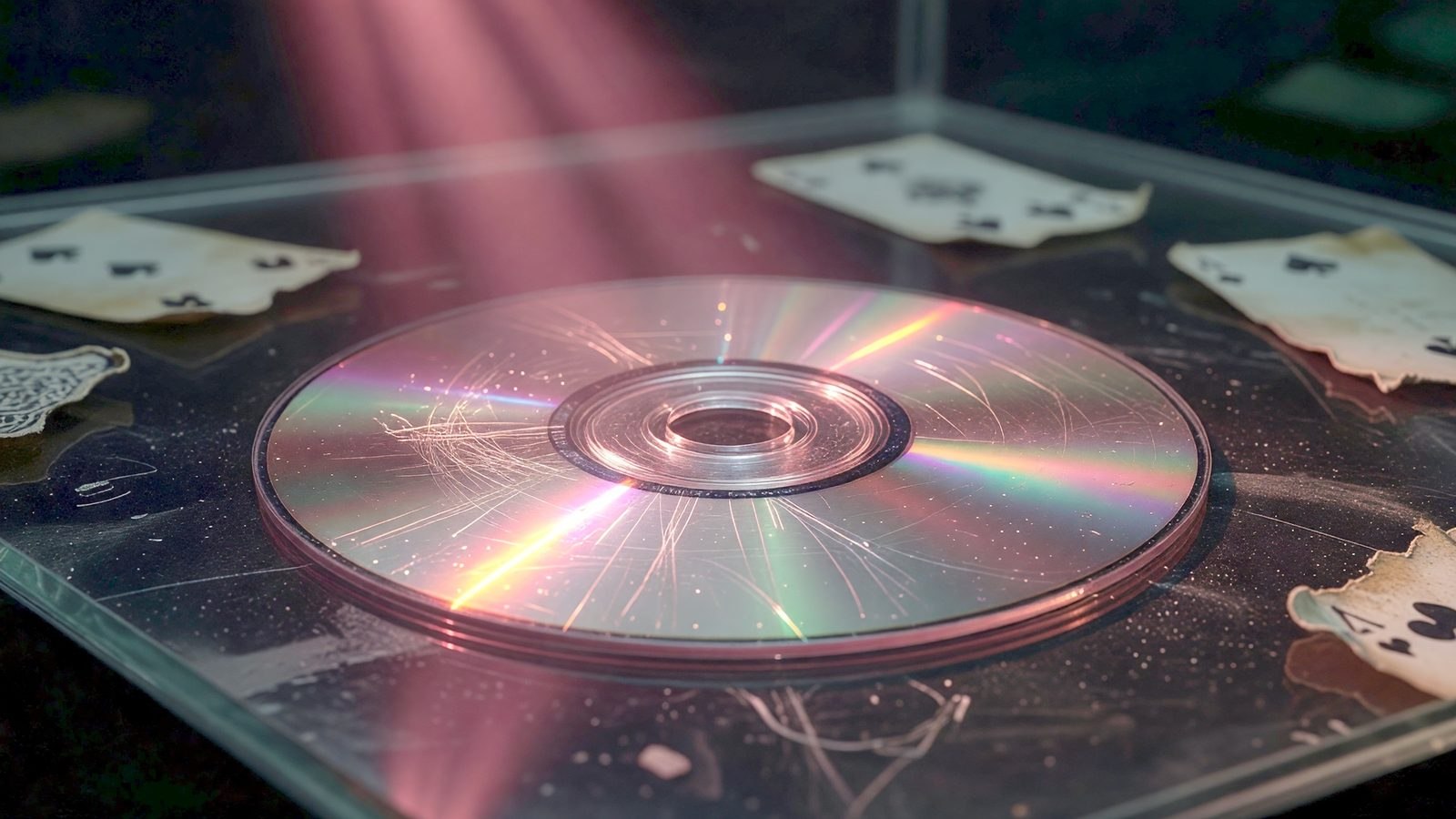 Gros plan sur un CD-ROM vintage éraflé éclairé d'une lumière rouge violette dans une vitrine de musée poussiéreuse