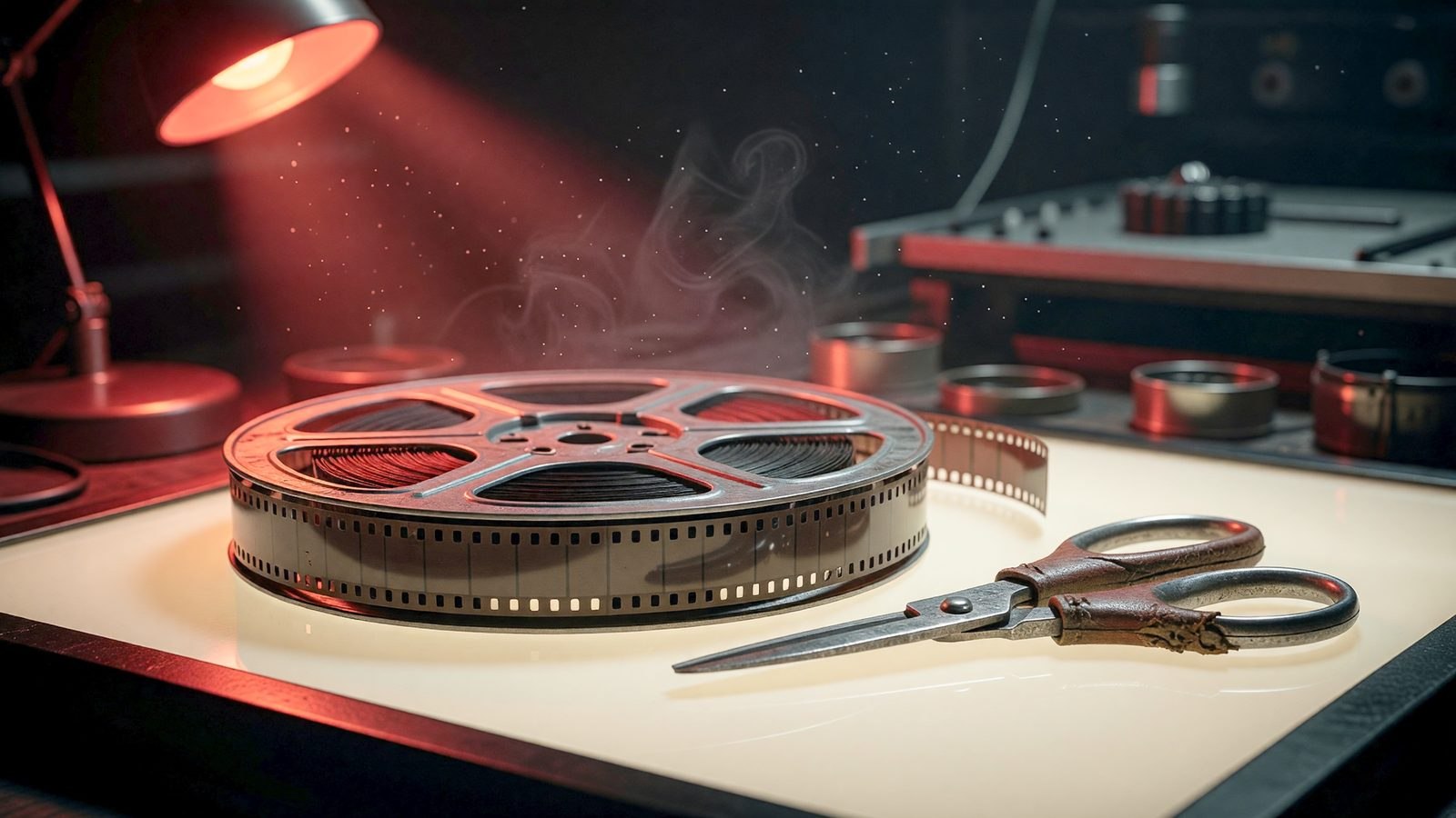 Gros plan sur une bobine de pellicule et des ciseaux de montage éclairés par une lumière rouge, évoquant une salle de montage cinéma