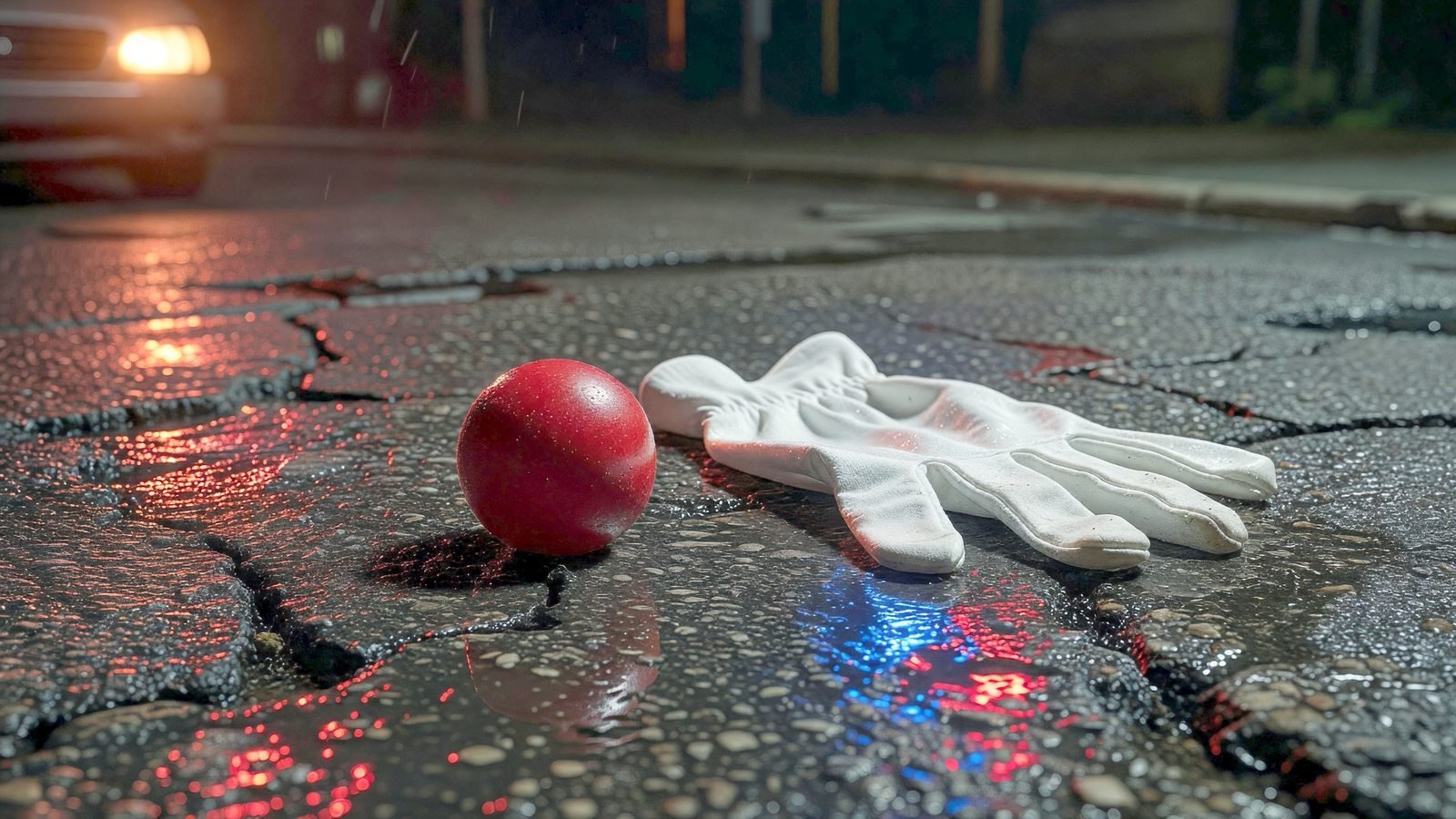 Gros plan sur un nez de clown rouge et un gant blanc abandonnés sur l'asphalte humide, éclairés par des reflets de gyrophare rouge et bleu.