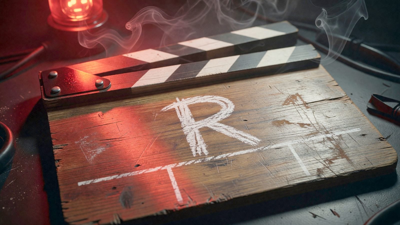 Gros plan sur un clap de cinéma marqué d'un R à la craie, éclairé par une lumière rouge dramatique et de la fumée