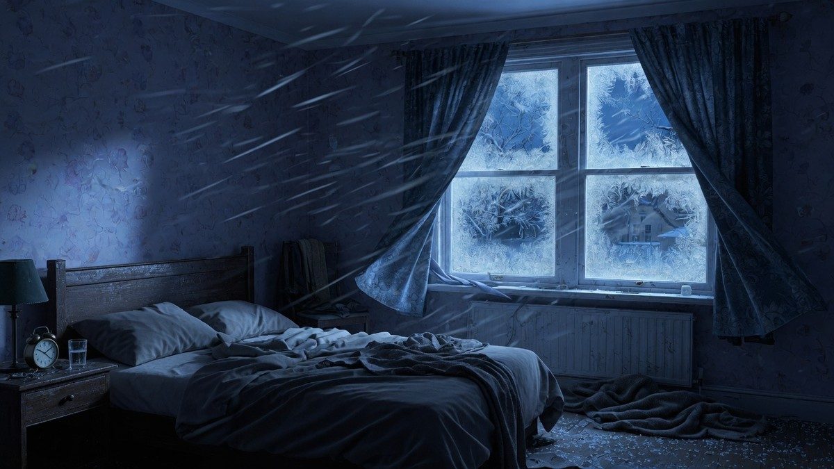 Chambre sombre et froide balayée par une tempête de neige, ambiance oppressante
