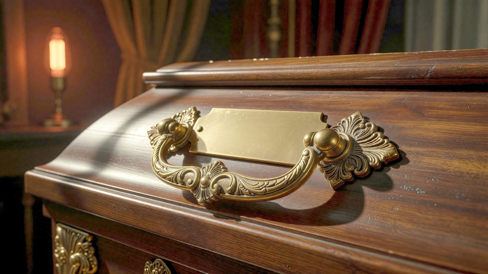 Gros plan sur une poignée de cercueil ancienne en laiton éclairée par une lumière chaude de pompes funèbres