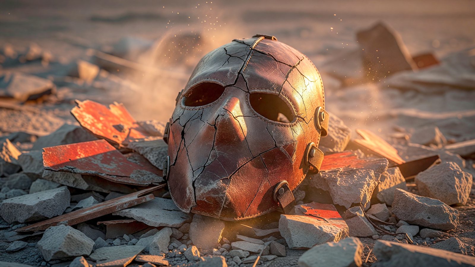 Gros plan sur un masque de survie en cuir craquelé posé sur des gravats, dans une lumière chaude et poussiéreuse de crépuscule post-apocalyptique.