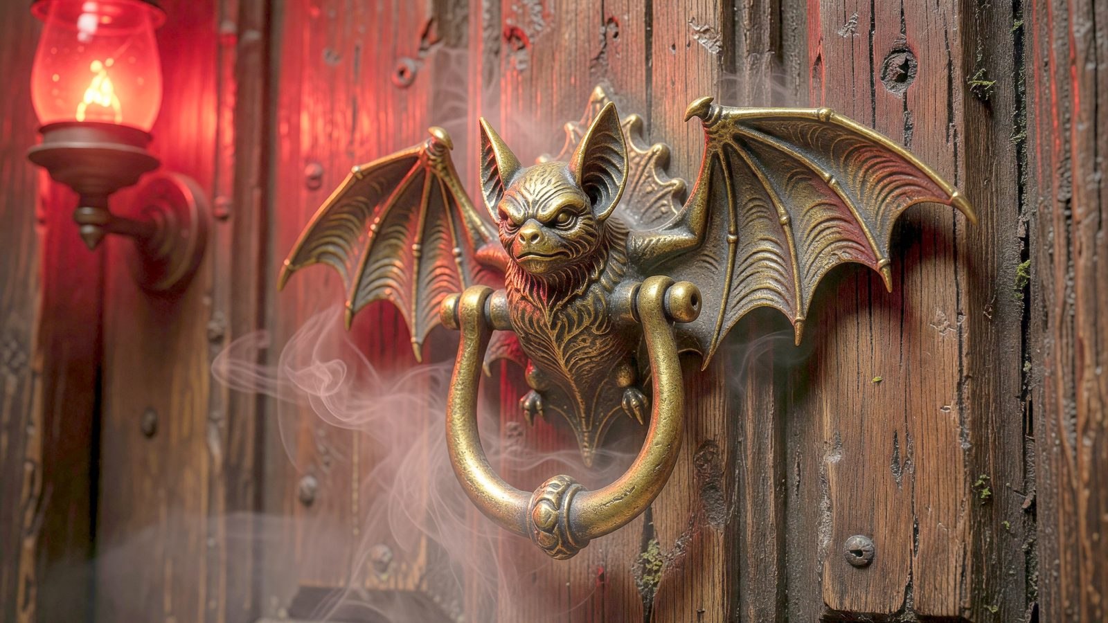 Gros plan sur un heurtoir de porte gothique en bronze en forme de chauve-souris, éclairé par une lumière rouge dans la brume.