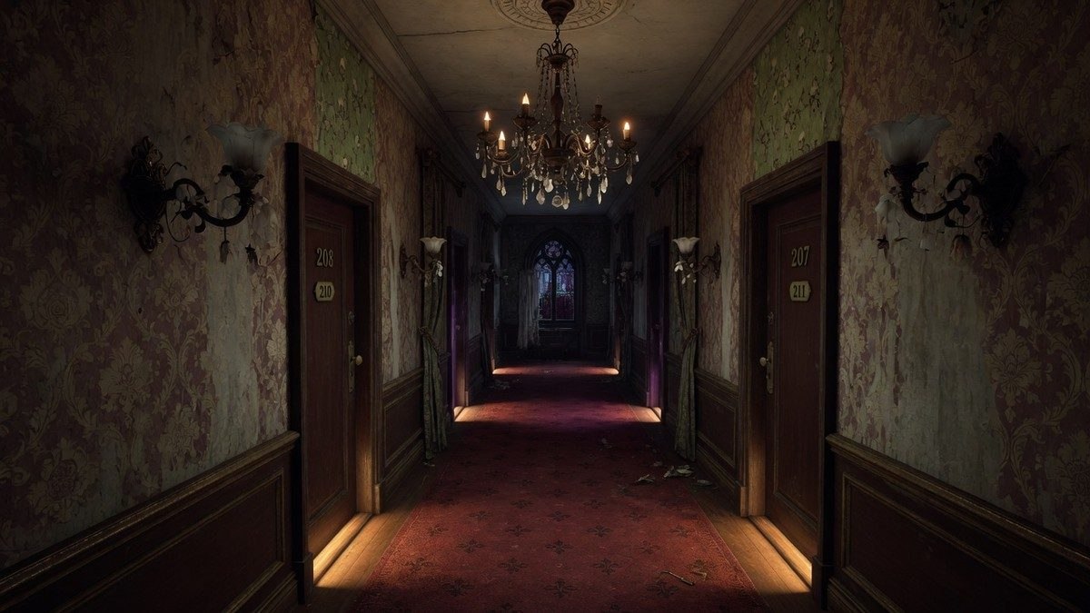 Couloir sombre d'un vieil hôtel gothique faiblement éclairé, ambiance mystérieuse et surnaturelle