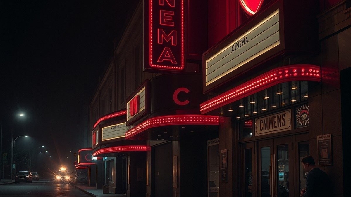 Façade de cinéma éclairée de néons en forme de cœur rouge dans une rue nocturne, ambiance à la fois romantique et inquiétante
