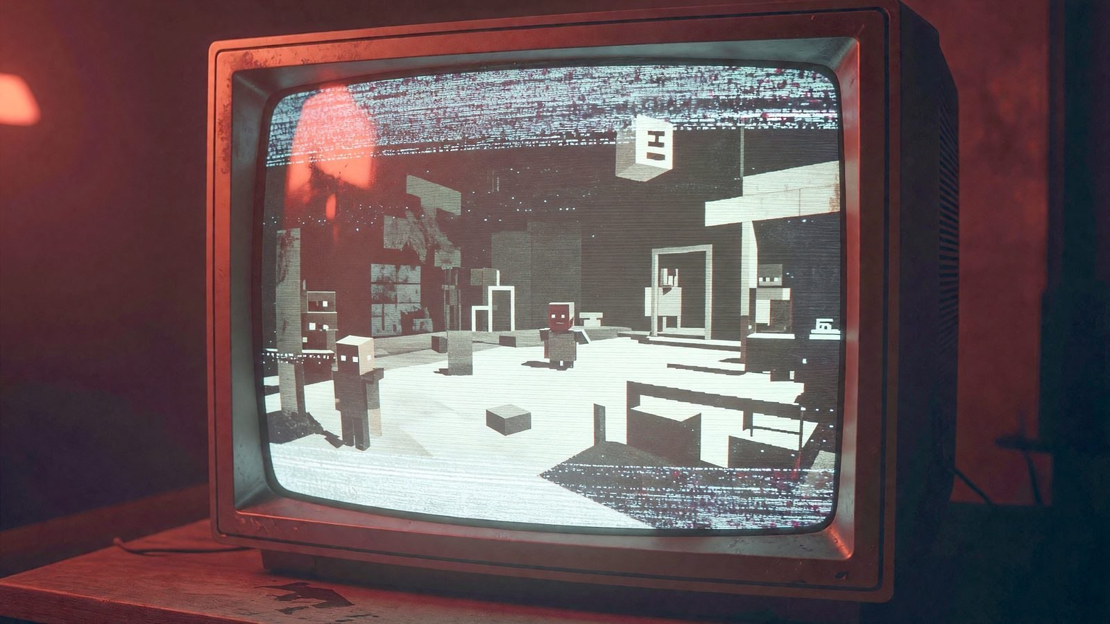 Écran de télévision cathodique diffusant une lueur rouge évoquant un jeu vidéo d'horreur rétro