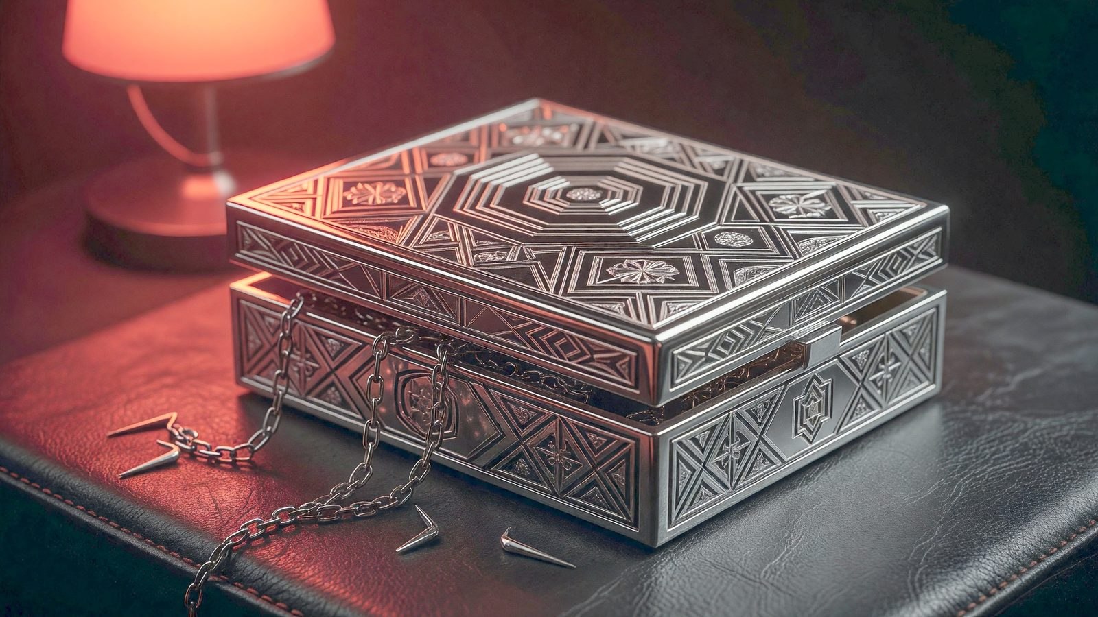 Boîte-puzzle métallique gravée entrouverte avec des chaînes et des crochets, éclairée par une lumière rouge dramatique