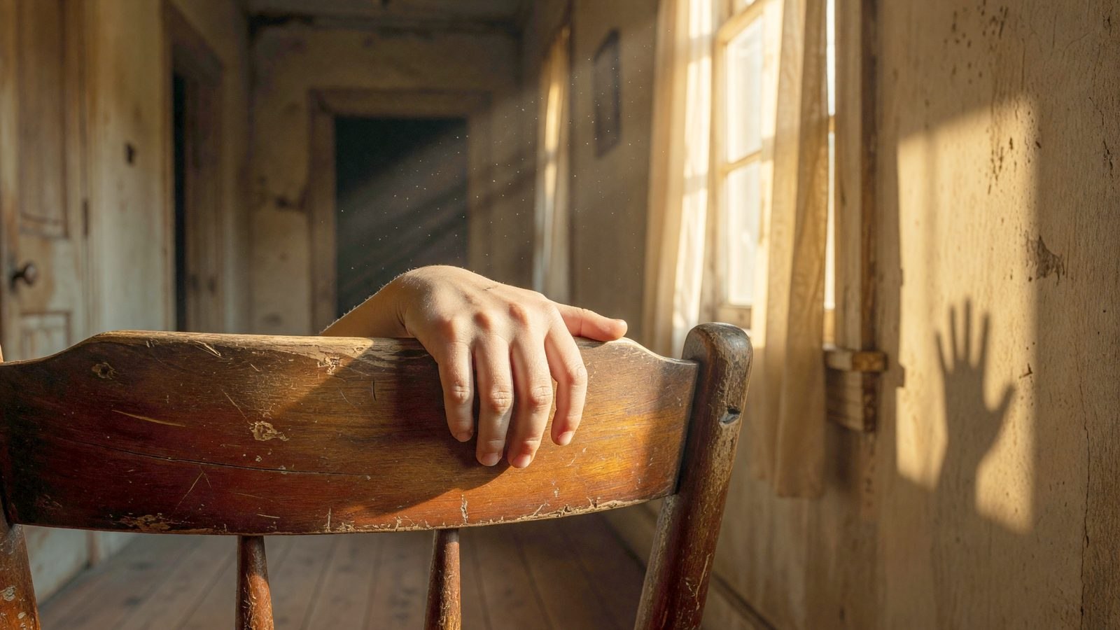 Main d'enfant posée sur le dossier d'une chaise en bois dans un couloir de maison du Sud, avec une ombre de seconde main projetée sur le mur