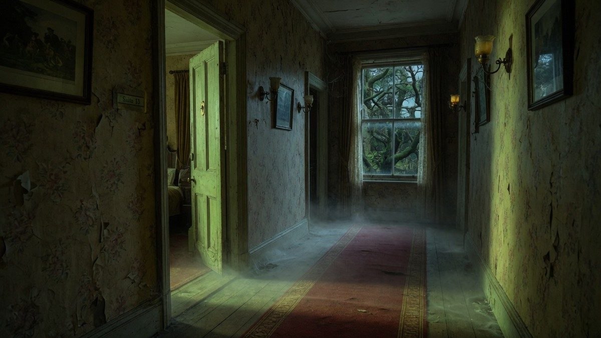 Couloir sombre d'un hôtel ancien avec une porte entrouverte laissant filtrer une lumière verdâtre, ambiance de film d'horreur atmosphérique