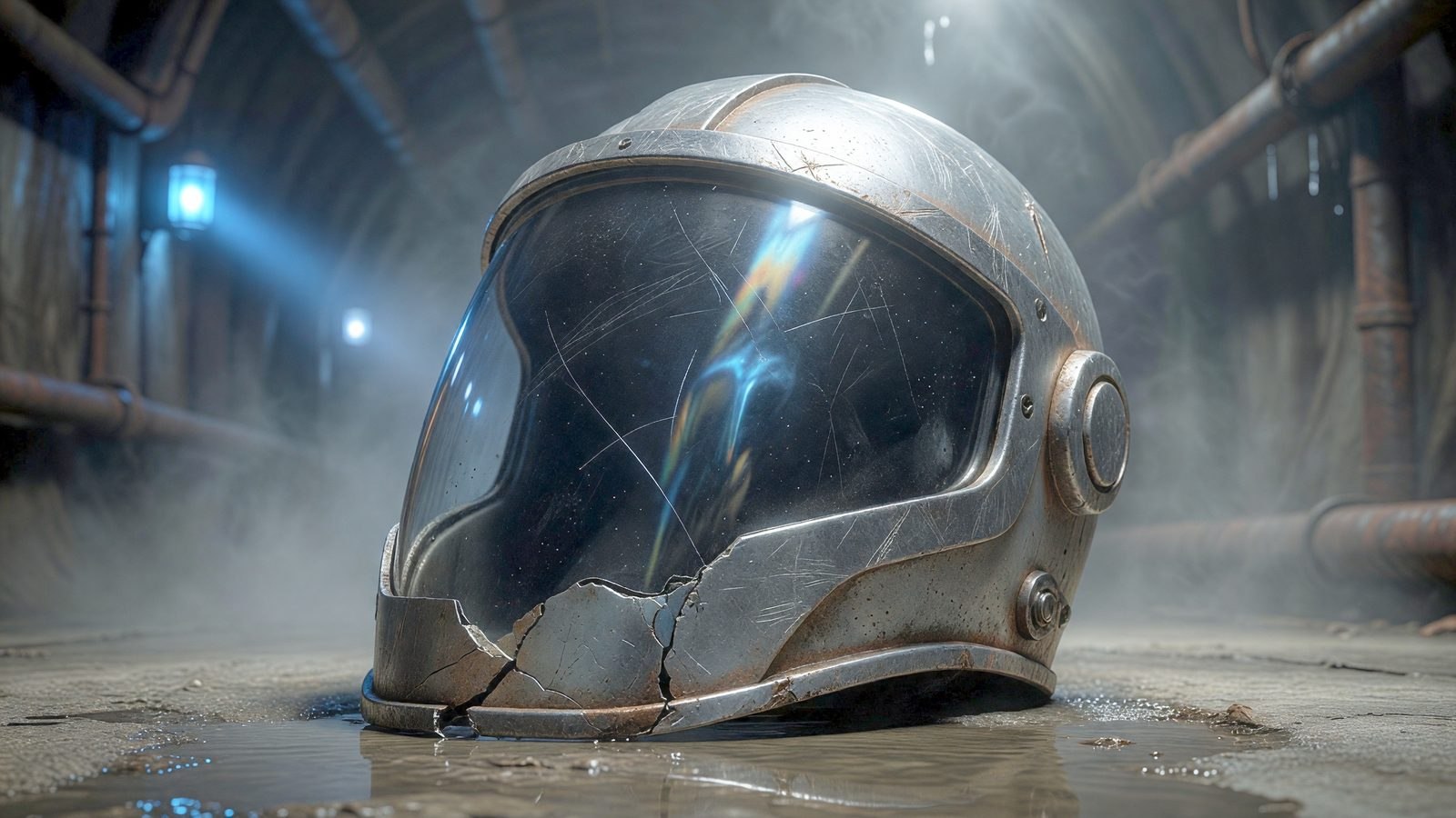Gros plan sur un casque de protection fissuré éclairé par une lumière bleutée dans un tunnel embrumé, évoquant l'ambiance du film de créature Hope