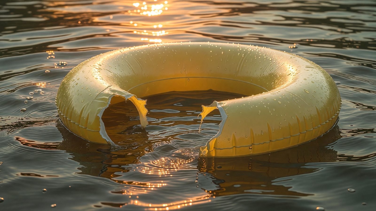 Gros plan sur une eau trouble de rivière et une bouée gonflable flottante marquée d'une morsure, éclairée par une lumière dorée.