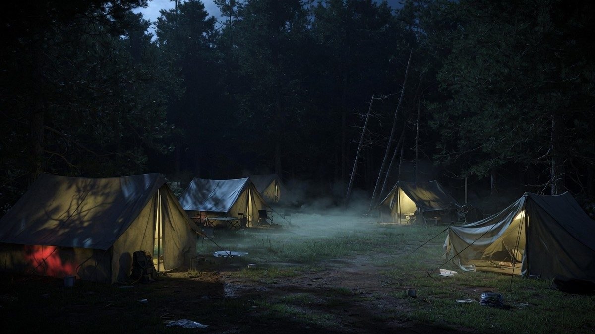 Camp de vacances désert et brumeux la nuit, tentes faiblement éclairées entourées d'une forêt sombre