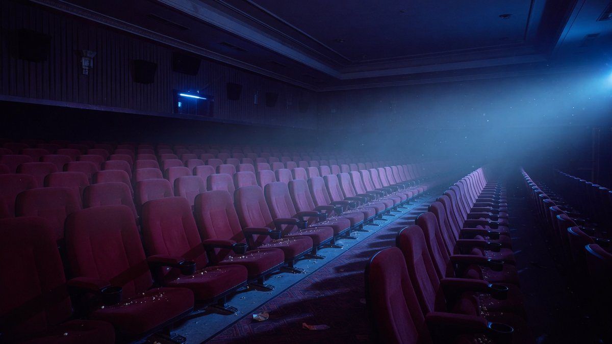 Salle de cinéma vide et sombre baignée d'une lumière bleutée inquiétante