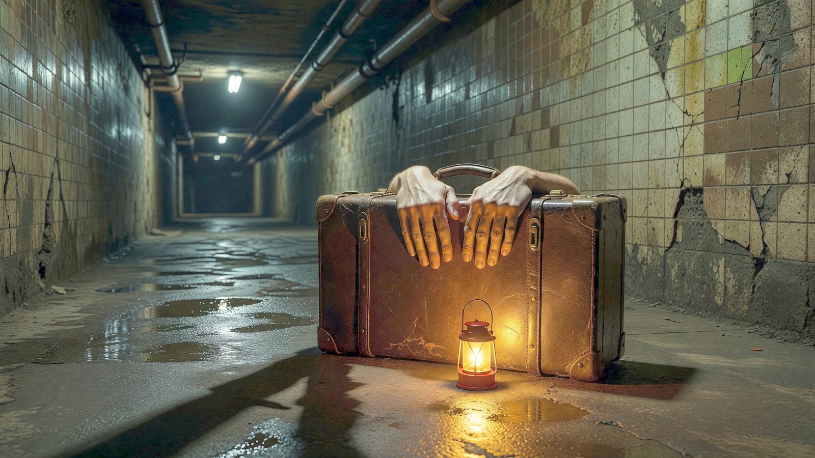 Tunnel souterrain parisien vide et sombre, éclairé par une lumière froide au loin sur du béton humide