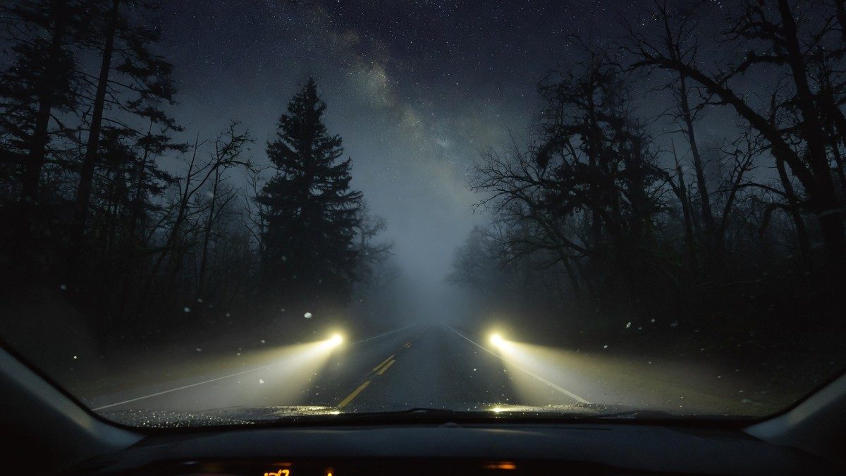 Route nocturne déserte éclairée par des phares, ambiance horreur et mystère