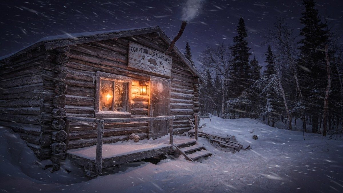Un comptoir de traite des fourrures isolé dans la neige et la nuit, éclairé par une lanterne, entouré d'une forêt sombre et inquiétante