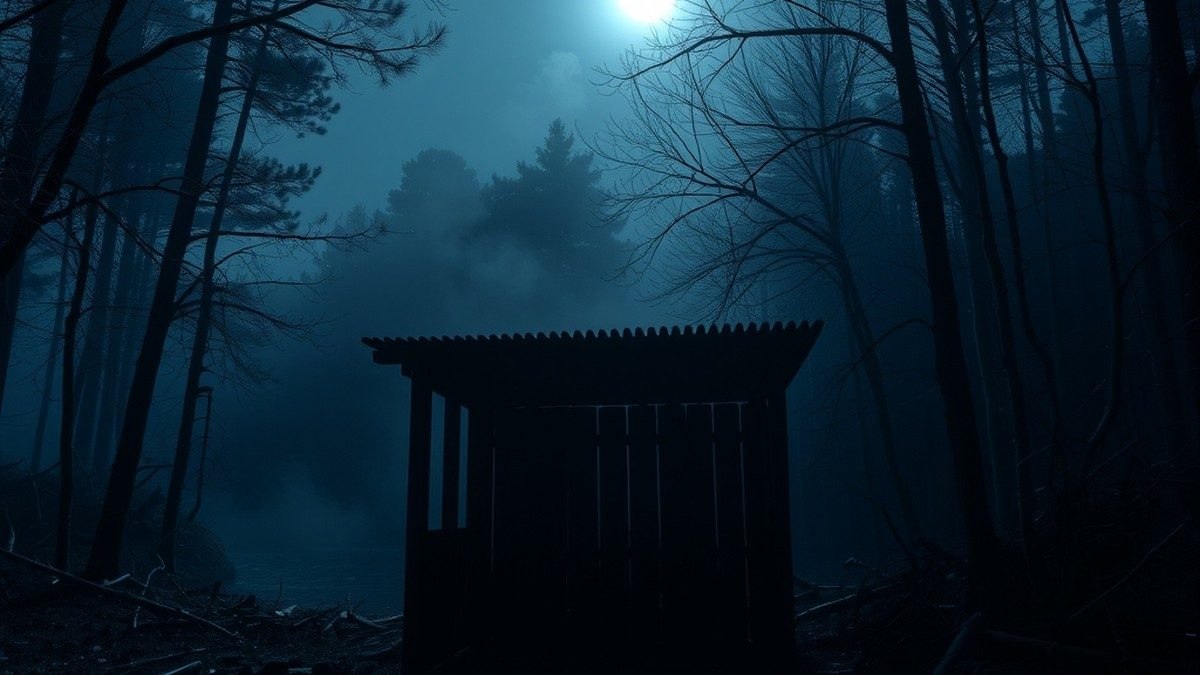 Cercueil en bois entrouvert dans une forêt brumeuse éclairée par la pleine lune, ambiance horreur gothique