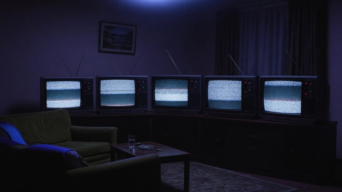 Salon plongé dans le noir éclairé par la lumière bleutée de plusieurs écrans de télévision diffusant de la neige statique