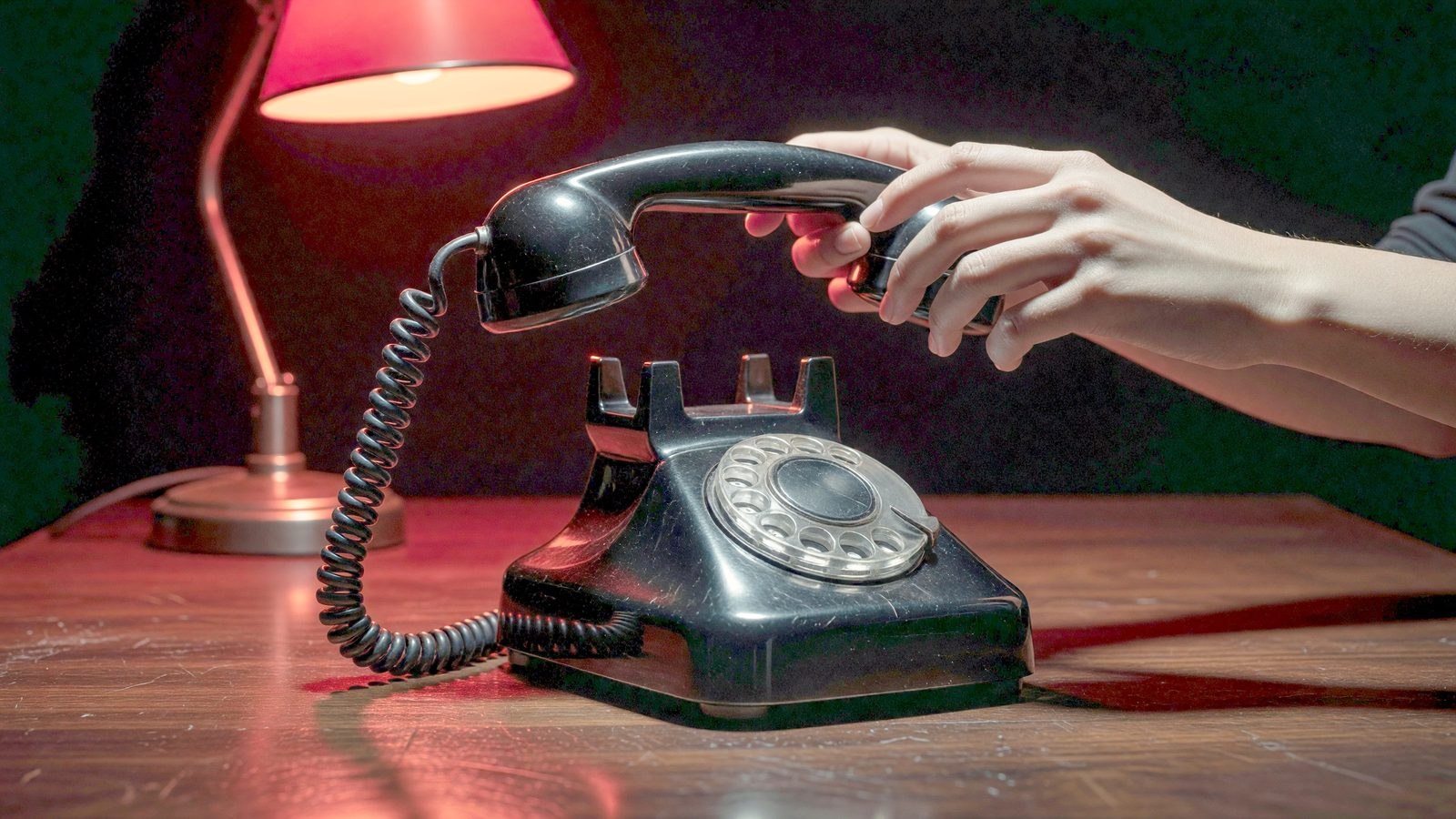 Un téléphone à cadran vintage décroché, éclairé par une lumière rouge dramatique, dans une ambiance de thriller nocturne.