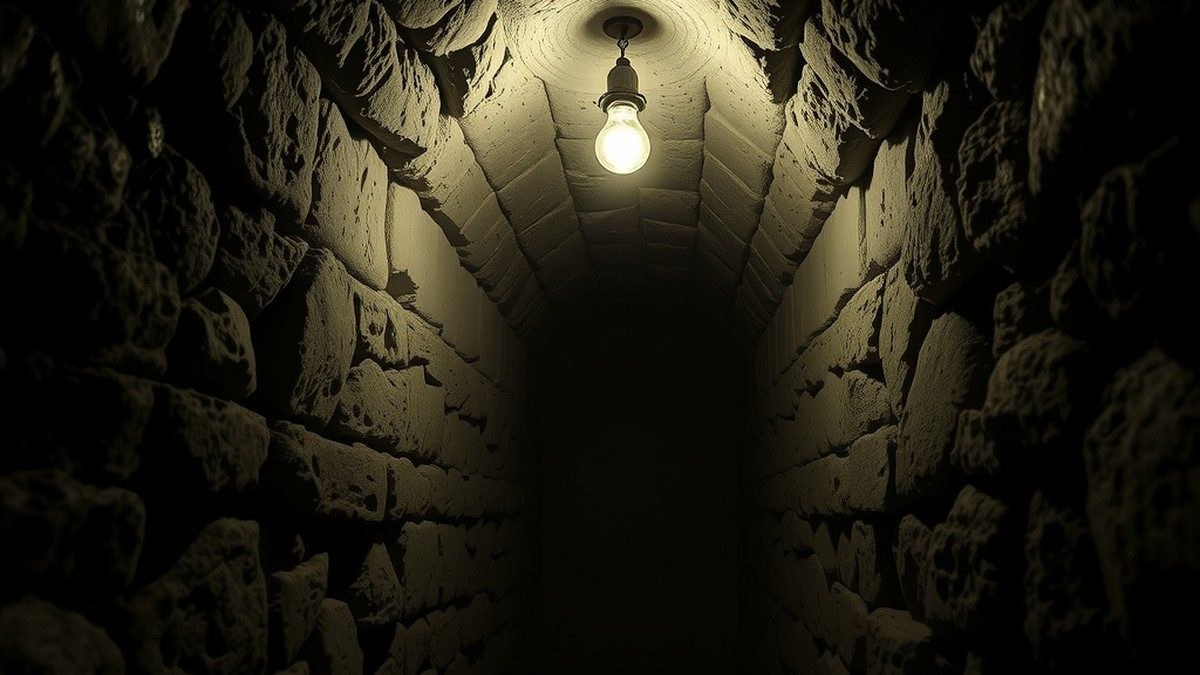 Couloir de crypte sombre et poussiéreux éclairé par une ampoule nue, ambiance gothique inquiétante