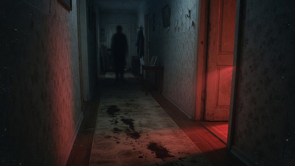 Couloir sombre d'une maison familiale éclairé par une lumière rouge diffuse, ambiance horreur domestique