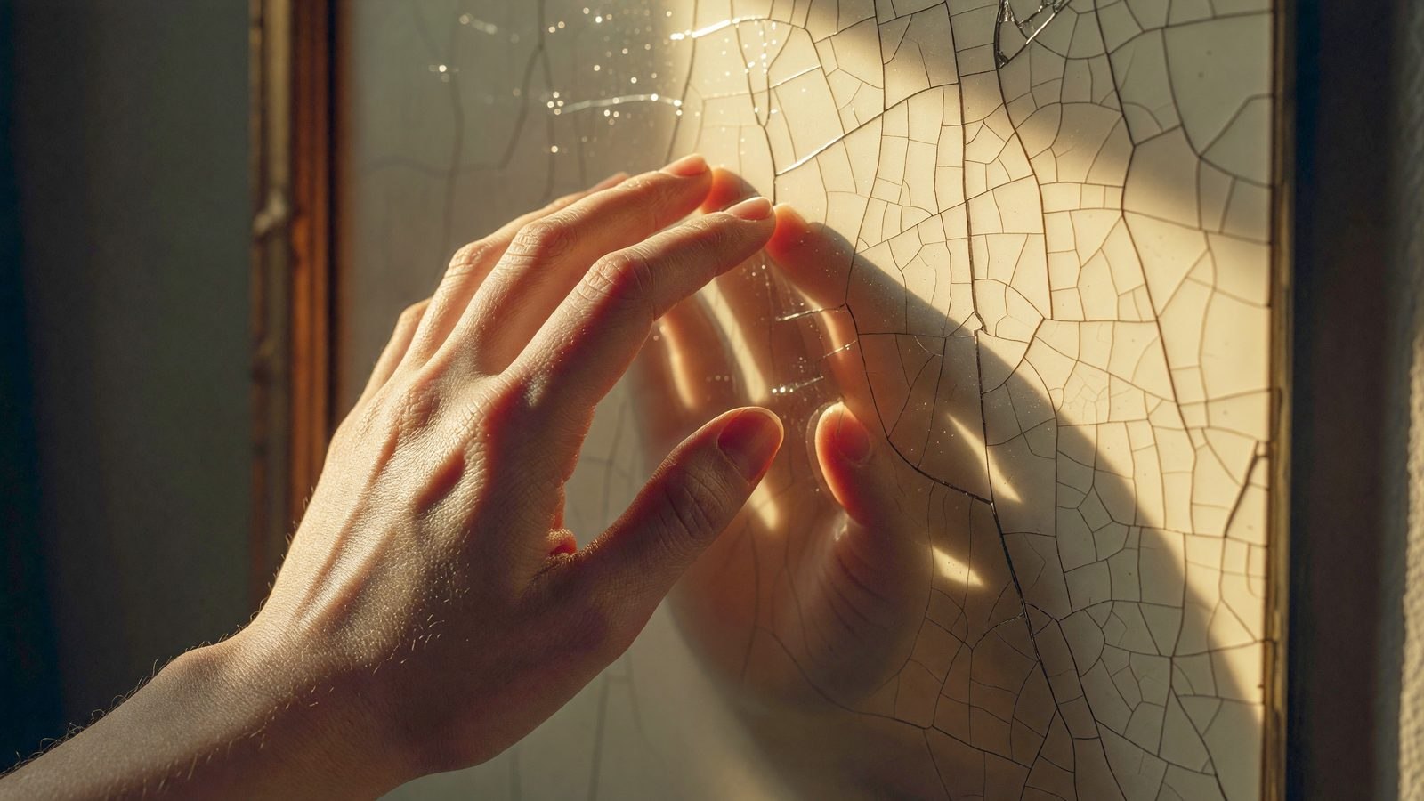 Gros plan sur une main touchant une surface de miroir, dans une lumière dorée et contrastée évoquant une présence inquiétante