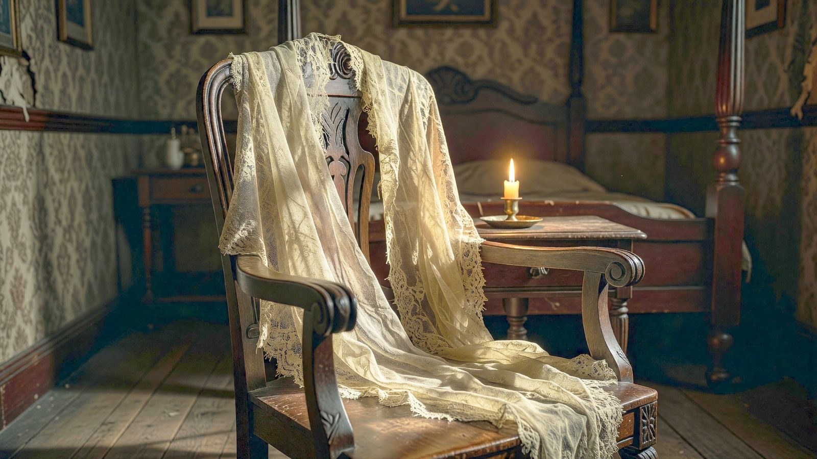 Un voile de mariée ancien posé sur une chaise victorienne, éclairé par la lueur d'une bougie dans une chambre d'auberge sombre