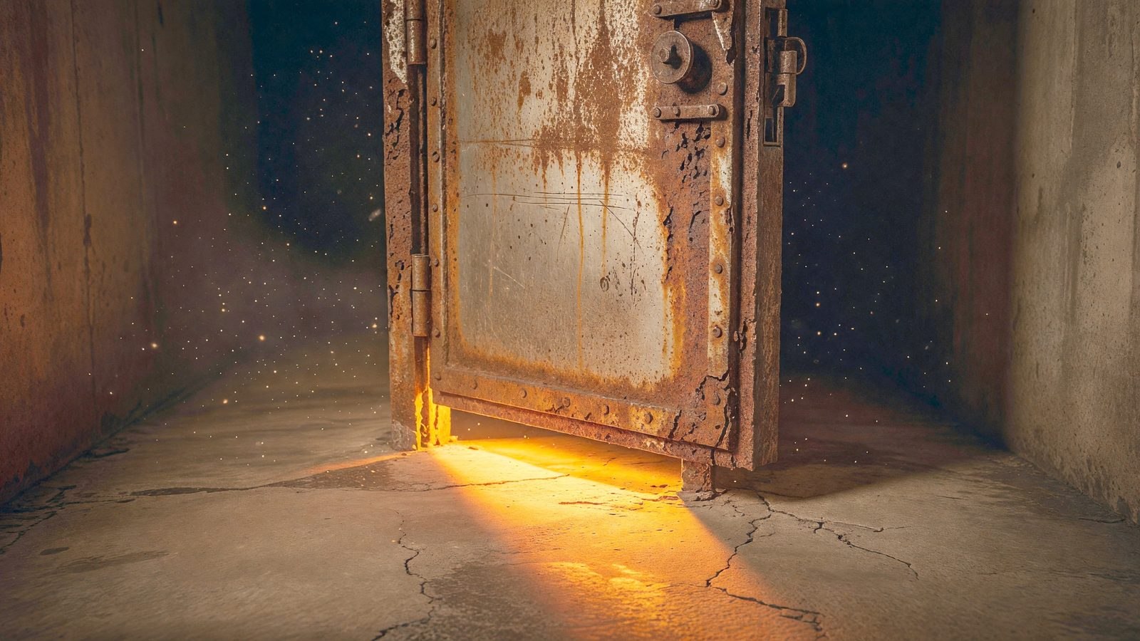 Porte métallique rouillée d'une cave entrouverte, avec une lumière ambrée filtrant par l'interstice dans un couloir en béton sombre