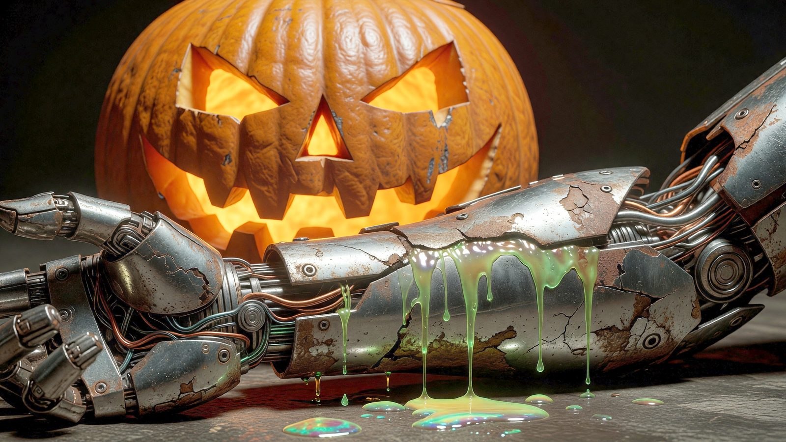 Gros plan sur un bras métallique abîmé posé près d'une citrouille d'Halloween éclairée, avec un léger suintement verdâtre évoquant une contamination zombie