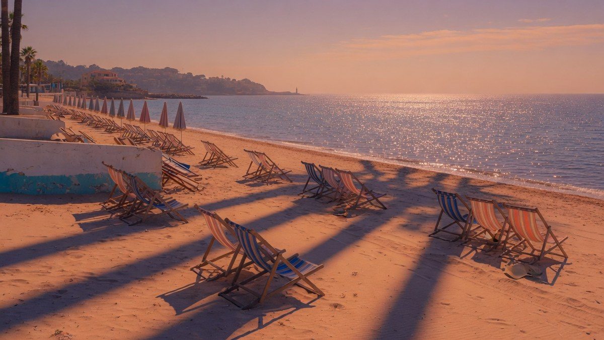 Plage méditerranéenne à l'heure dorée, transats vides et mer scintillante, ambiance estivale.