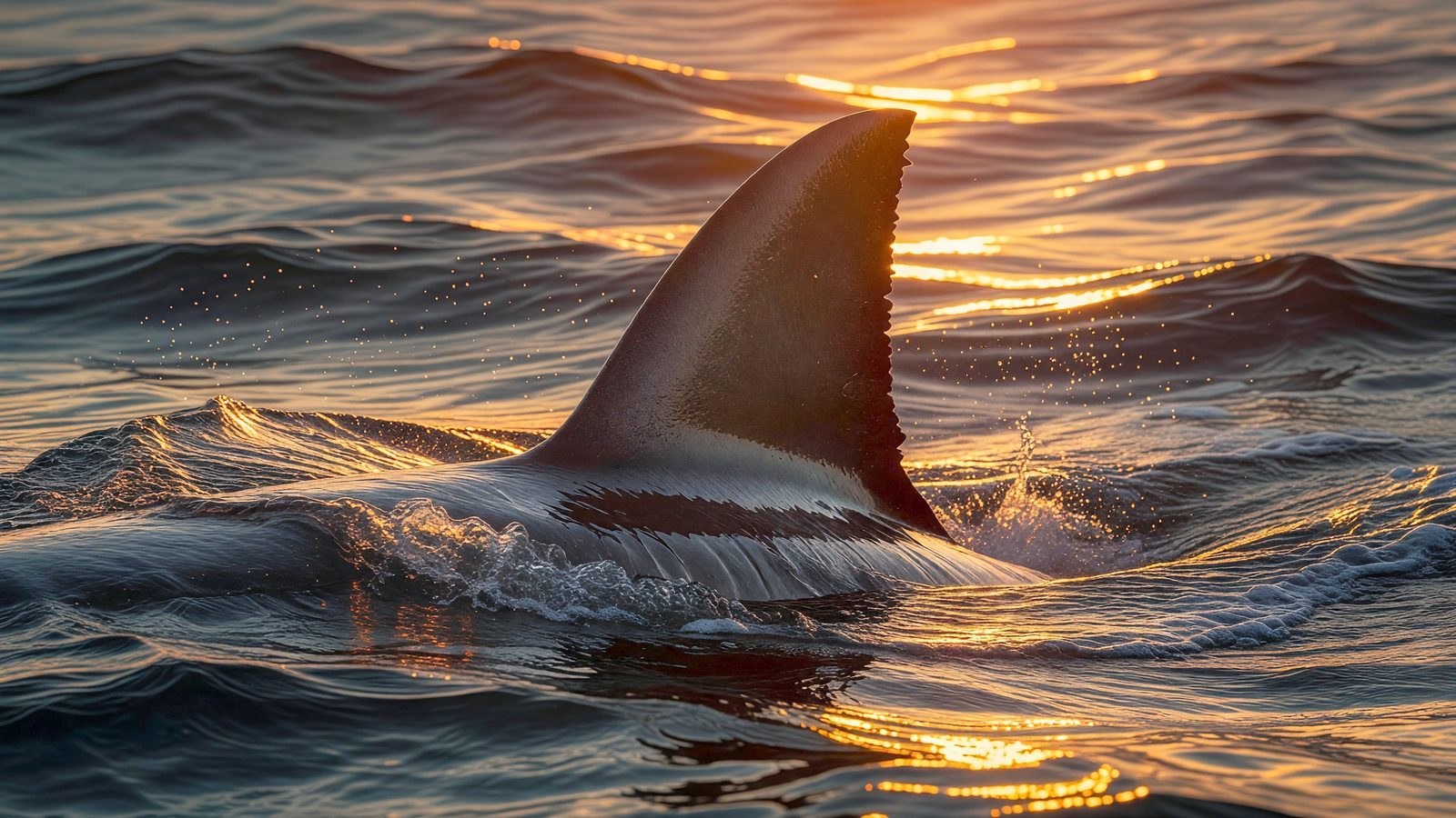 Un aileron de requin émergeant de l'eau sombre, éclairé par la lumière dorée du crépuscule