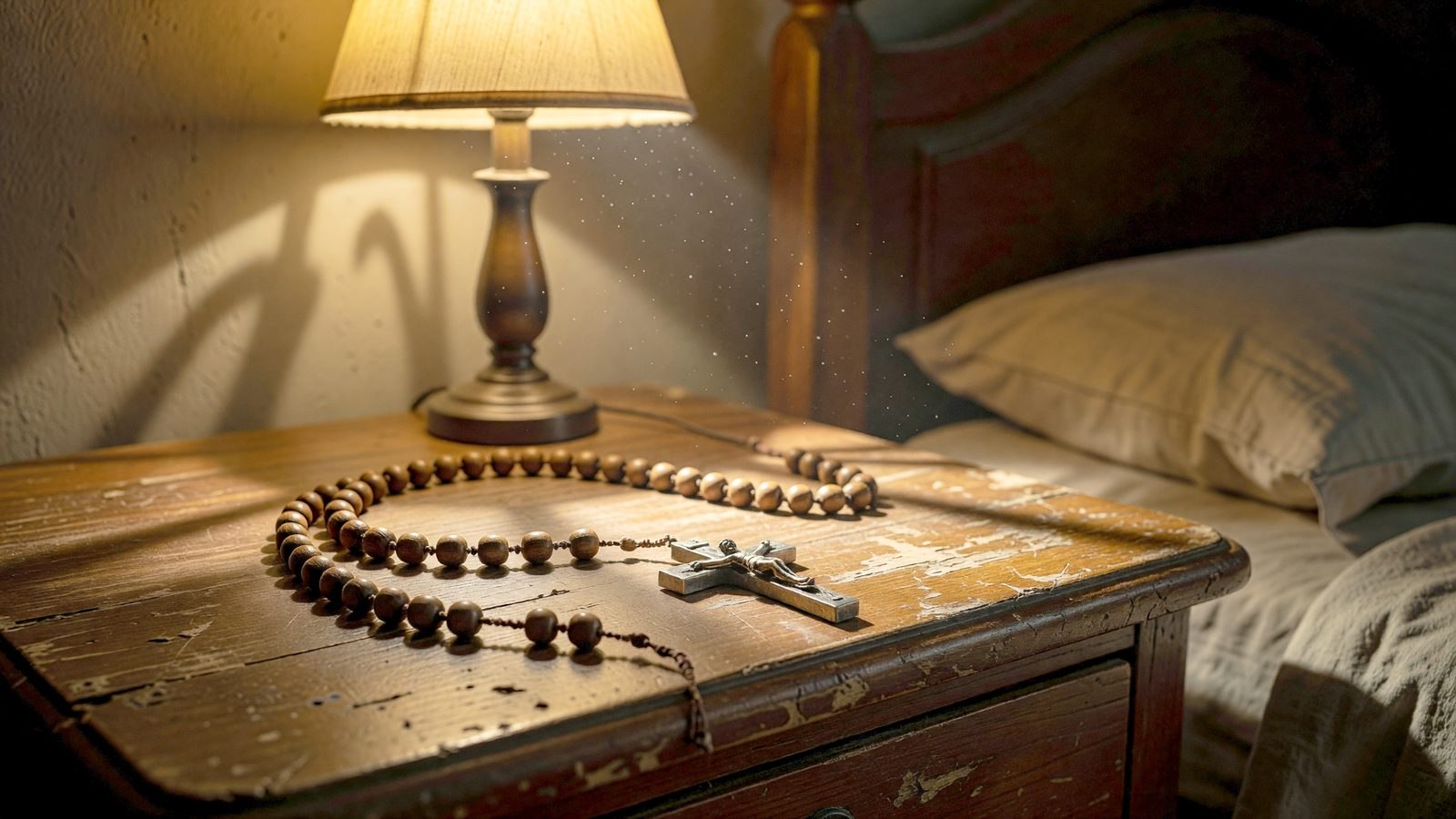 Gros plan sur un chapelet en bois et un crucifix argenté posés sur une table de chevet, éclairés par une lampe chaude