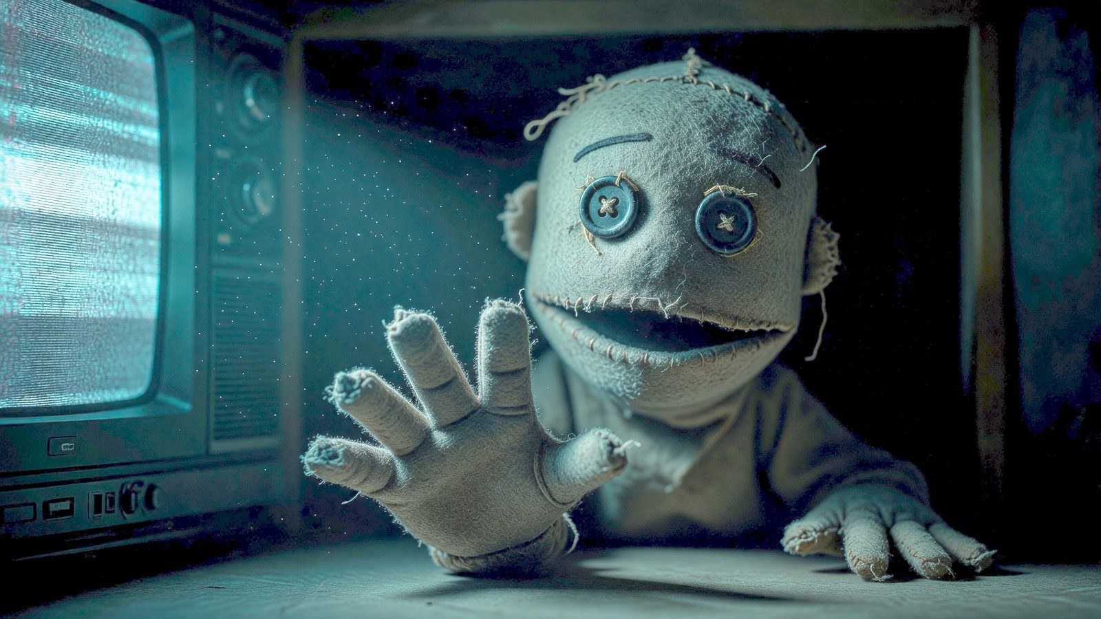 Gros plan sur une marionnette en feutre usée, éclairée par la lueur bleutée d'un vieux téléviseur dans une pièce sombre.