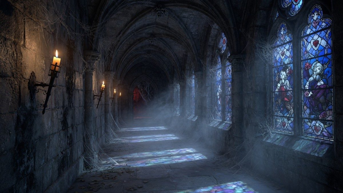 Couloir sombre d'un château gothique éclairé à la bougie, ambiance horreur vampirique