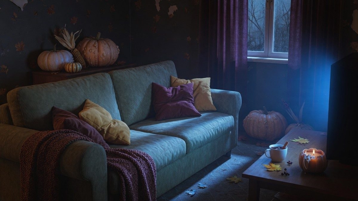 Salon sombre éclairé par la lueur bleutée d'un écran de télévision, ambiance Halloween