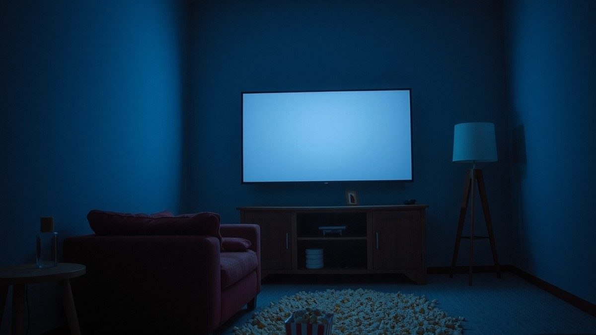 Salon sombre éclairé par la lueur d'un écran de télévision, ambiance soirée film d'horreur