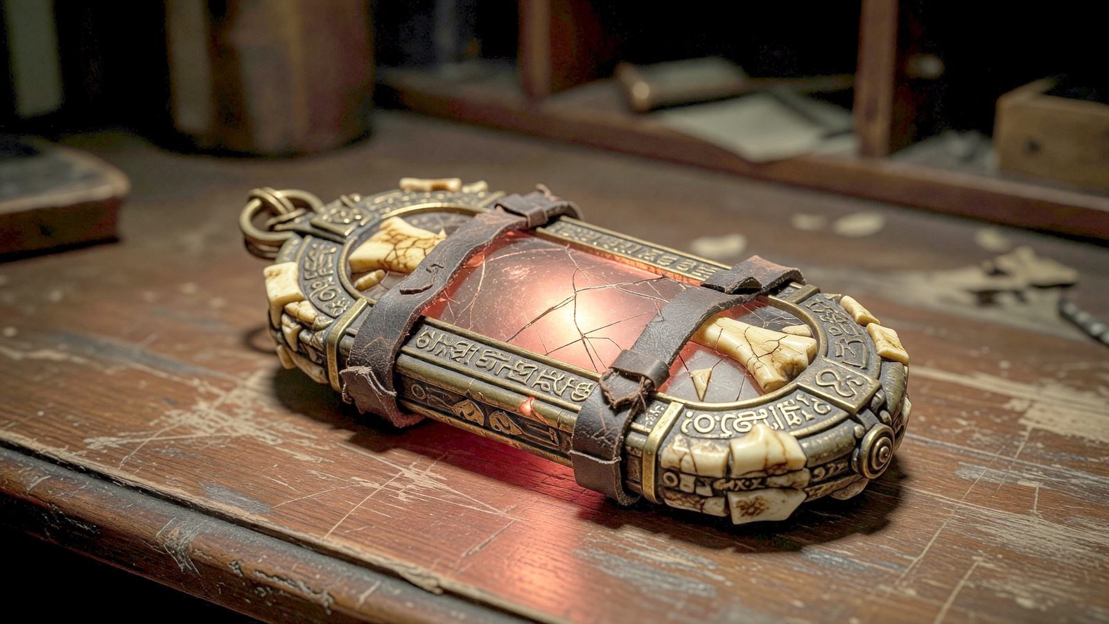 Gros plan sur un talisman ancien mystérieux émettant une faible lueur rougeâtre dans une pièce sombre