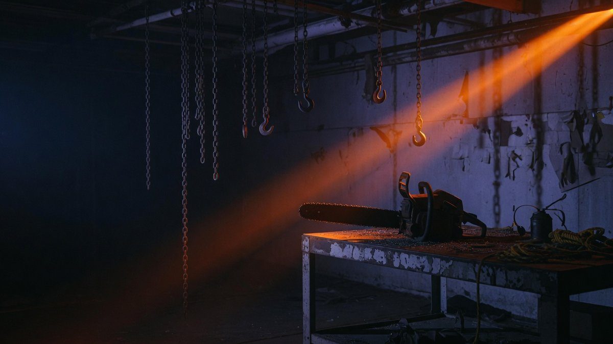 Entrepôt sombre et abandonné avec une tronçonneuse posée dans la pénombre, ambiance inquiétante