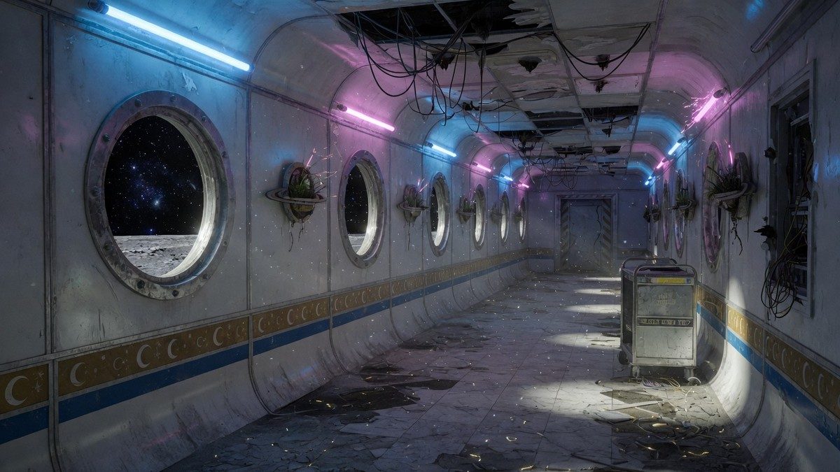 Couloir désaffecté d'un hôtel spatial futuriste éclairé par une lumière bleutée vacillante