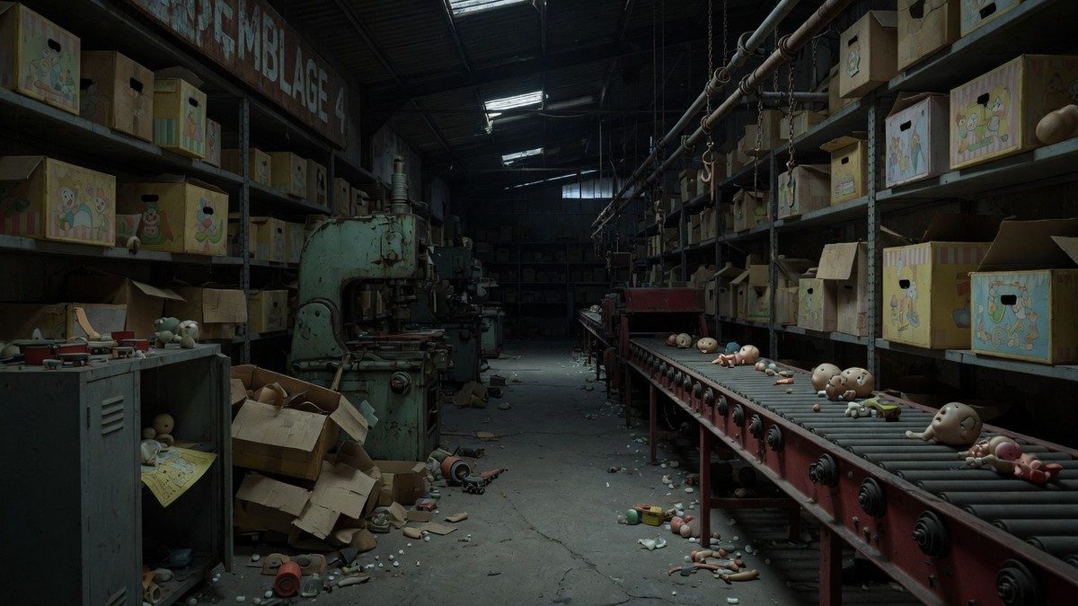 Couloir sombre d'une usine de jouets abandonnée, ambiance oppressante