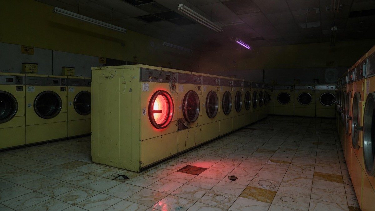 Laverie automatique vide et inquiétante la nuit, avec une lueur rouge s'échappant d'une machine à laver
