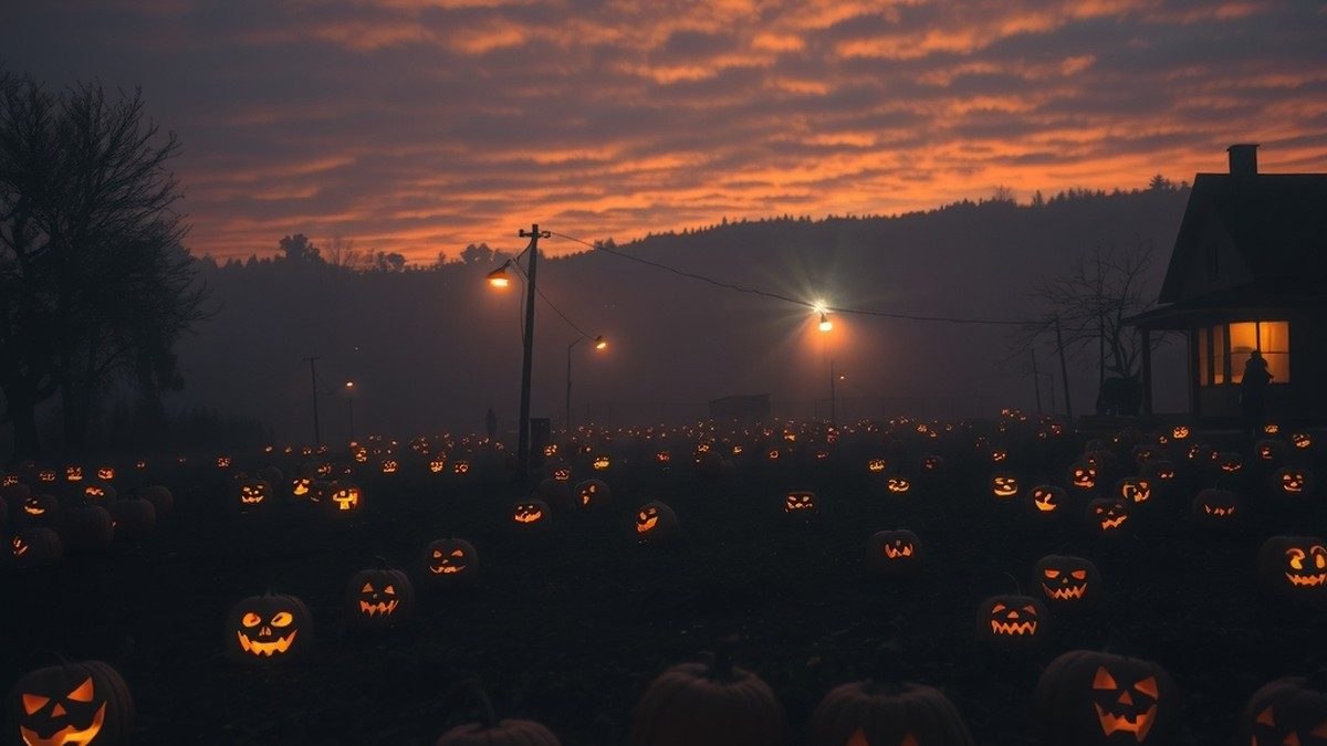 Champ de citrouilles brumeux la nuit avec des jack-o'-lanterns allumés en arrière-plan