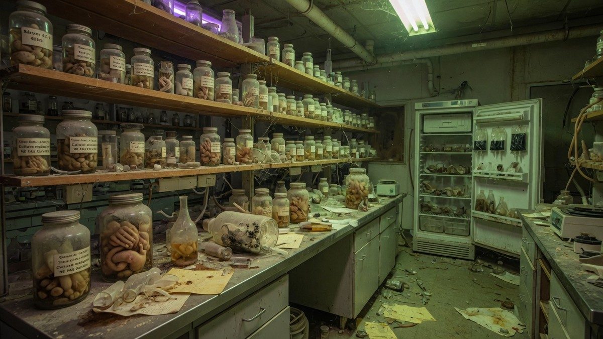 Laboratoire scientifique délabré baigné d'une lumière verte inquiétante, évoquant l'ambiance body horror du film