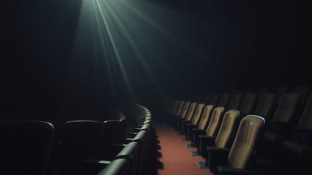 Salle de cinéma vide et sombre éclairée par le faisceau d'un projecteur, ambiance Halloween