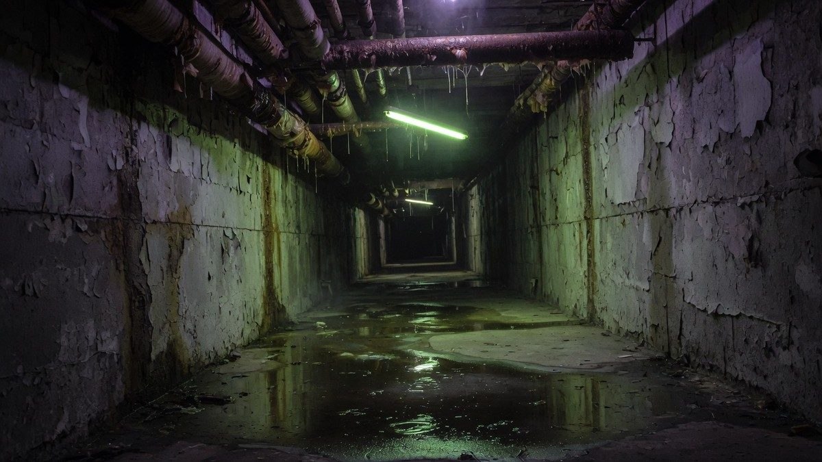 Couloir industriel sombre et abandonné éclairé par une lumière verdâtre vacillante, ambiance oppressante inspirée d'un laboratoire en ruine